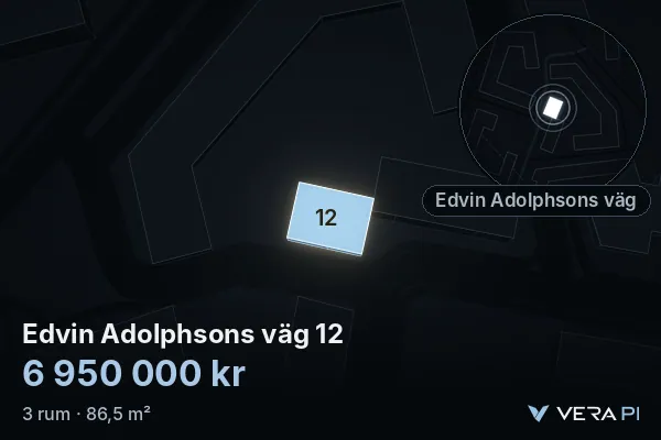 VERA PI's image of Edvin Adolphsons väg 12: the building in 3D, lit in blue, and the map around it