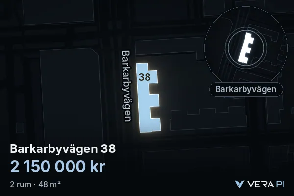 VERA PI's image of Barkarbyvägen 38: the building in 3D, lit in blue, and the map around it