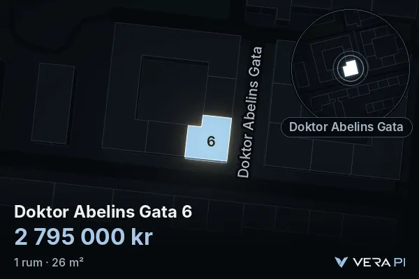 VERA PI:s bild av Doktor Abelins Gata 6: huset i 3D, upplyst i blått, och kartan runt omkring