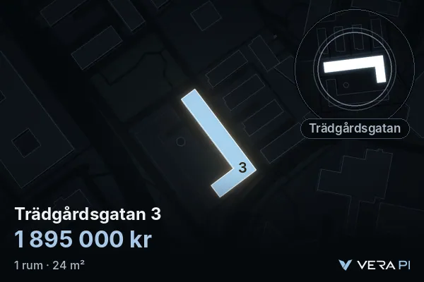VERA PI:s bild av Trädgårdsgatan 3: huset i 3D, upplyst i blått, och kartan runt omkring