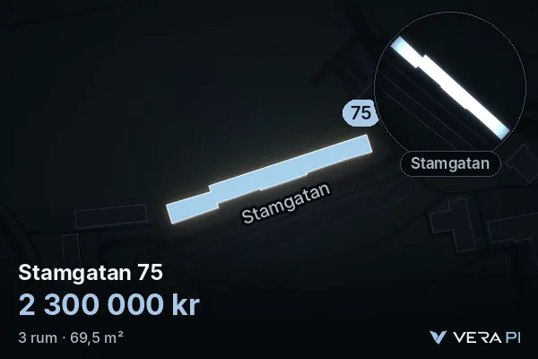 VERA PI:s bild av Stamgatan 75: huset i 3D, upplyst i blått, och kartan runt omkring