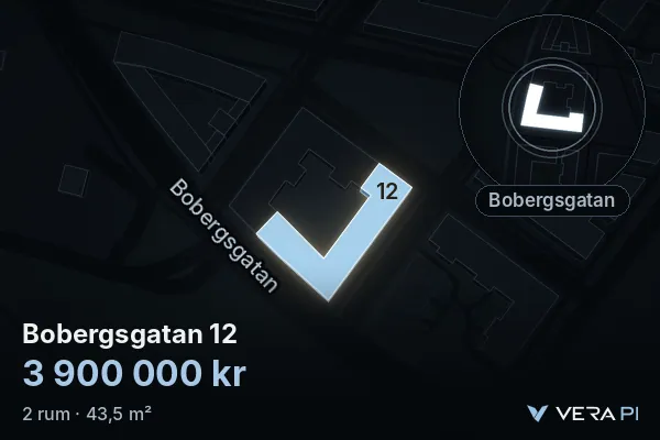 VERA PI's image of Bobergsgatan 12: the building in 3D, lit in blue, and the map around it