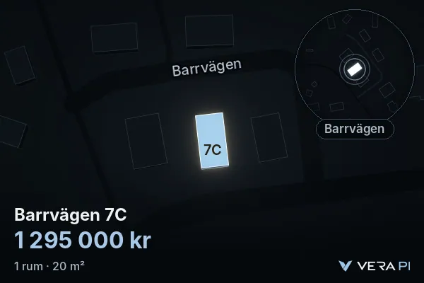 VERA PI's image of Barrvägen 7C: the building in 3D, lit in blue, and the map around it