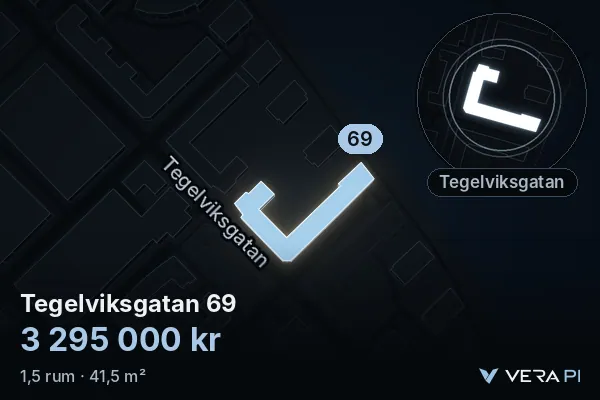VERA PI:s bild av Tegelviksgatan 69: huset i 3D, upplyst i blått, och kartan runt omkring