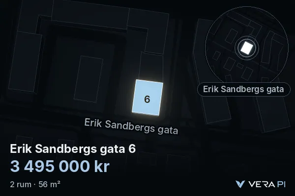 VERA PI's image of Erik Sandbergs gata 6: the building in 3D, lit in blue, and the map around it