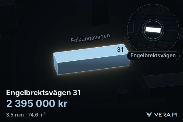 VERA PI:s bild av Engelbrektsvägen 31: huset i 3D, upplyst i blått, och kartan runt omkring