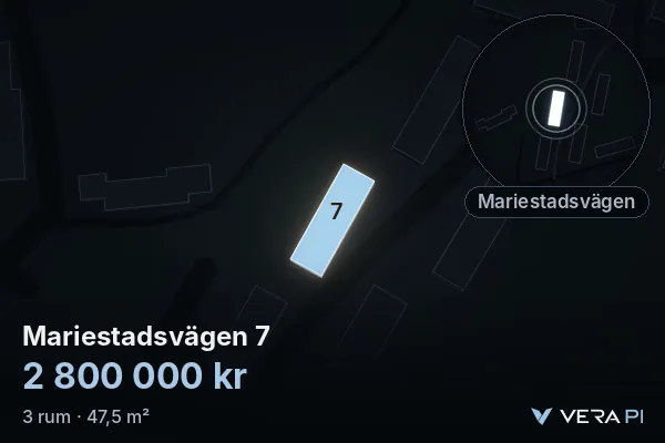 VERA PI:s bild av Mariestadsvägen 7: huset i 3D, upplyst i blått, och kartan runt omkring