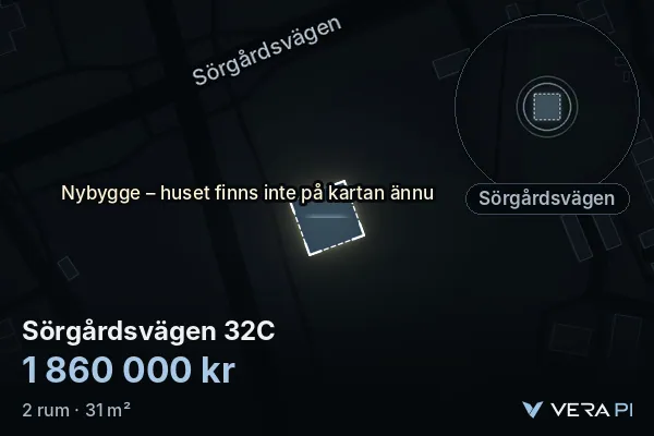 VERA PI:s bild av Sörgårdsvägen 32C: huset i 3D, upplyst i blått, och kartan runt omkring