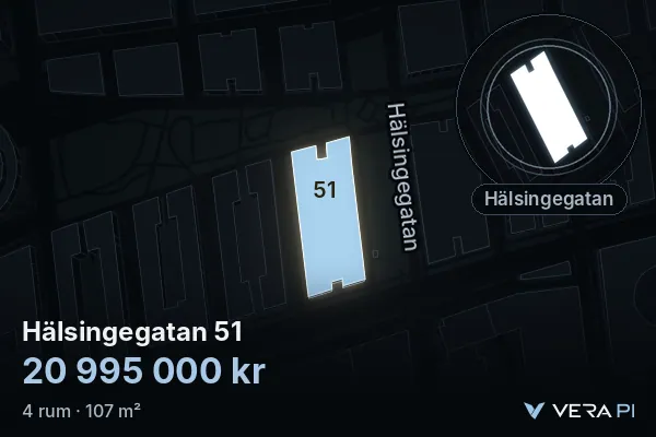VERA PI:s bild av Hälsingegatan 51: huset i 3D, upplyst i blått, och kartan runt omkring