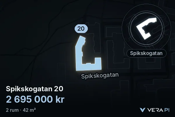 VERA PI:s bild av Spikskogatan 20: huset i 3D, upplyst i blått, och kartan runt omkring