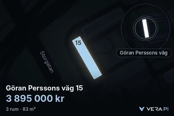 VERA PI's image of Göran Perssons väg 15: the building in 3D, lit in blue, and the map around it
