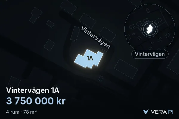 VERA PI:s bild av Vintervägen 1A: huset i 3D, upplyst i blått, och kartan runt omkring