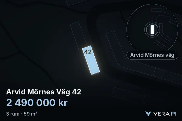 VERA PI:s bild av Arvid Mörnes Väg 42: huset i 3D, upplyst i blått, och kartan runt omkring