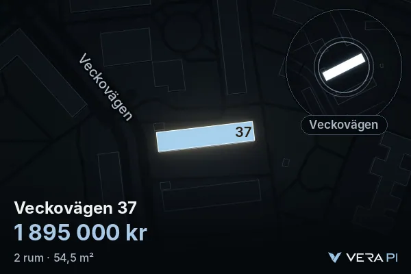 VERA PI's image of Veckovägen 37: the building in 3D, lit in blue, and the map around it