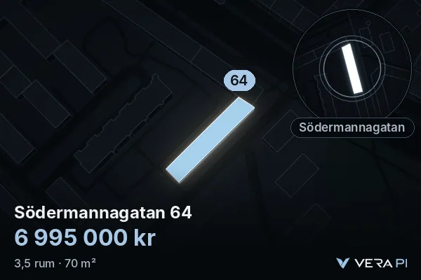 VERA PI:s bild av Södermannagatan 64: huset i 3D, upplyst i blått, och kartan runt omkring