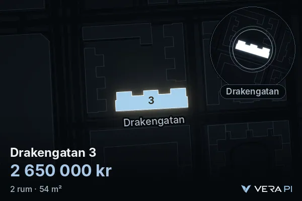 VERA PI's image of Drakengatan 3: the building in 3D, lit in blue, and the map around it