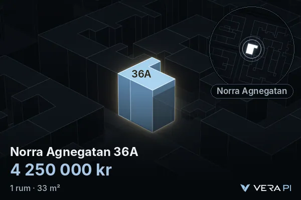 VERA PI:s bild av Norra Agnegatan 36A: huset i 3D, upplyst i blått, och kartan runt omkring
