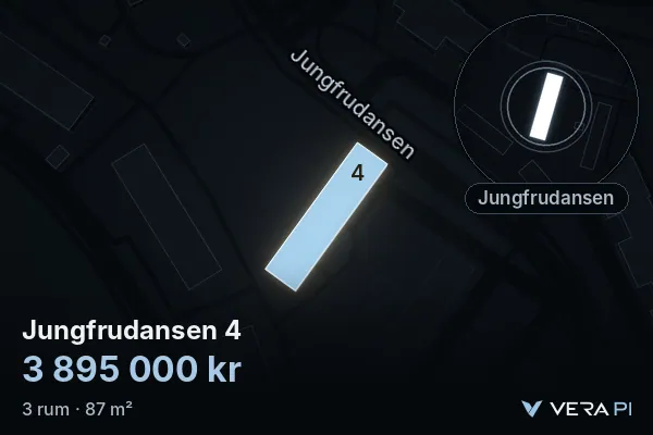 VERA PI's image of Jungfrudansen 4: the building in 3D, lit in blue, and the map around it