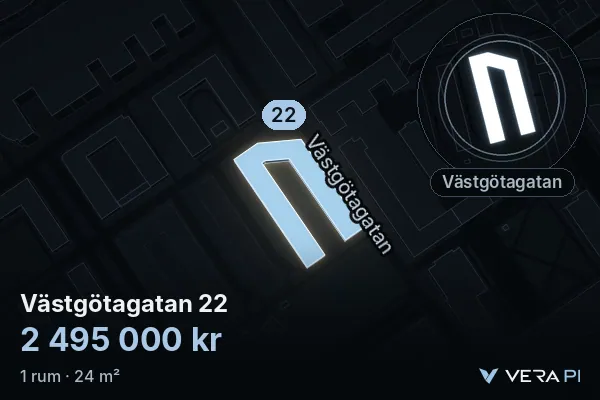 VERA PI:s bild av Västgötagatan 22: huset i 3D, upplyst i blått, och kartan runt omkring