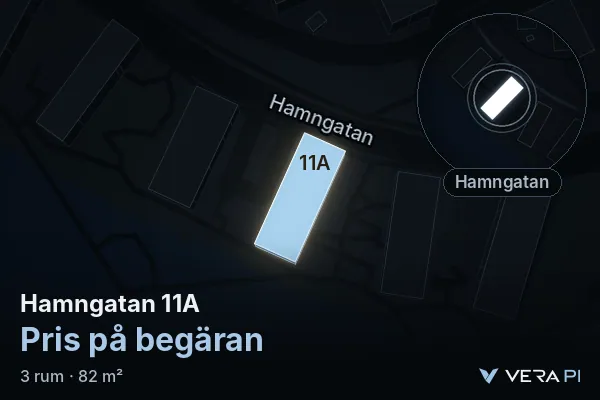 VERA PI:s bild av Hamngatan 11A: huset i 3D, upplyst i blått, och kartan runt omkring