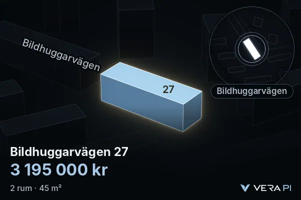 VERA PI:s bild av Bildhuggarvägen 27: huset i 3D, upplyst i blått, och kartan runt omkring