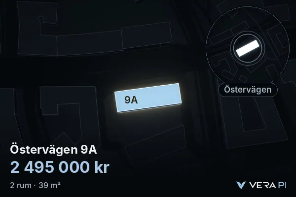 VERA PI's image of Östervägen 9A: the building in 3D, lit in blue, and the map around it