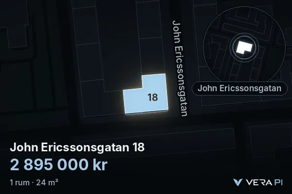 VERA PI:s bild av John Ericssonsgatan 18: huset i 3D, upplyst i blått, och kartan runt omkring