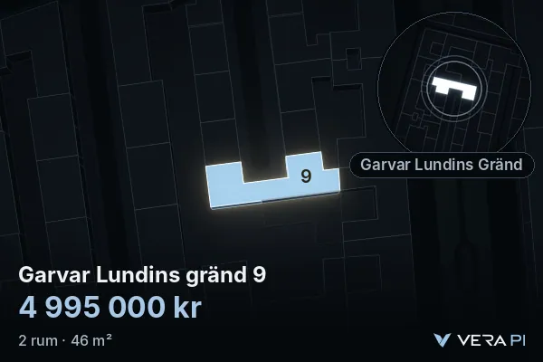 VERA PI:s bild av Garvar Lundins gränd 9: huset i 3D, upplyst i blått, och kartan runt omkring