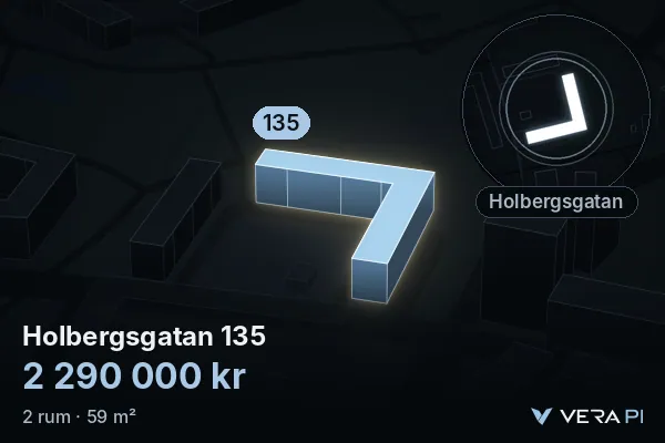 VERA PI:s bild av Holbergsgatan 135: huset i 3D, upplyst i blått, och kartan runt omkring