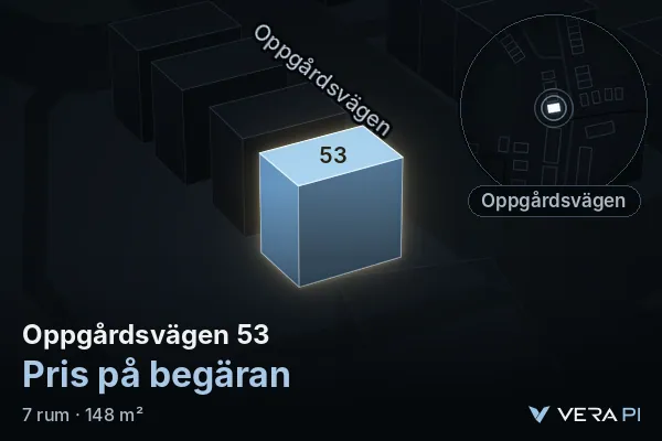 VERA PI:s bild av Oppgårdsvägen 53: huset i 3D, upplyst i blått, och kartan runt omkring