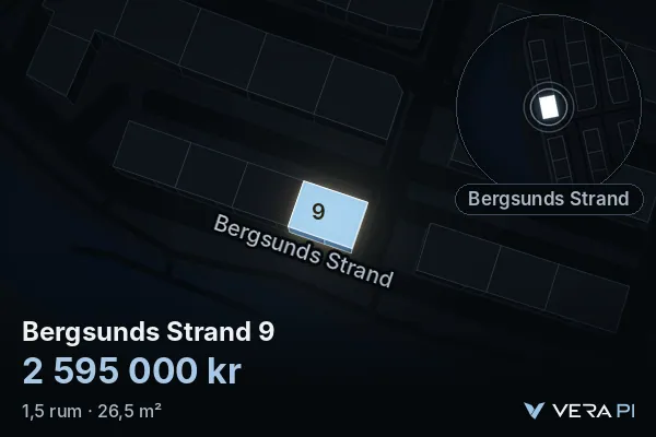 VERA PI:s bild av Bergsunds Strand 9: huset i 3D, upplyst i blått, och kartan runt omkring