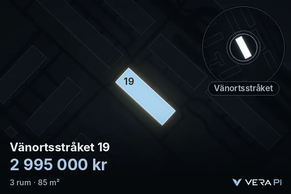 VERA PI's image of Vänortsstråket 19: the building in 3D, lit in blue, and the map around it