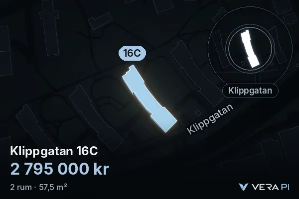 VERA PI's image of Klippgatan 16C: the building in 3D, lit in blue, and the map around it