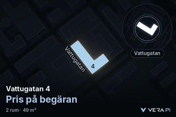 VERA PI:s bild av Vattugatan 4: huset i 3D, upplyst i blått, och kartan runt omkring