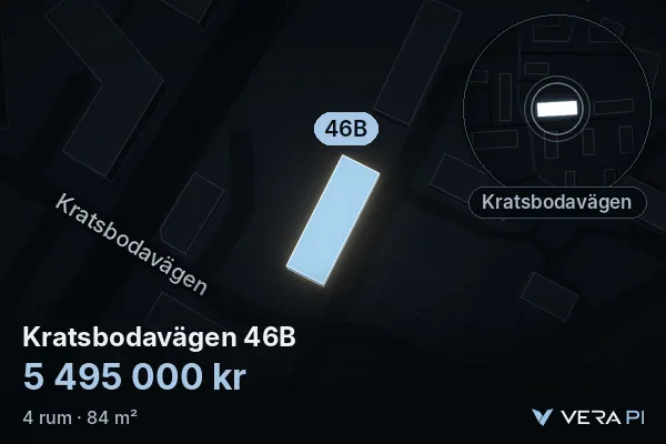 VERA PI:s bild av Kratsbodavägen 46B: huset i 3D, upplyst i blått, och kartan runt omkring