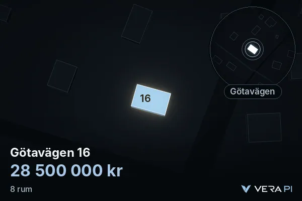 VERA PI's image of Götavägen 16: the building in 3D, lit in blue, and the map around it
