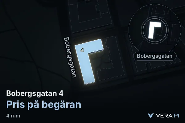 VERA PI's image of Bobergsgatan 4: the building in 3D, lit in blue, and the map around it
