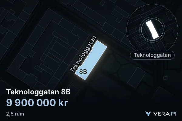 VERA PI:s bild av Teknologgatan 8B: huset i 3D, upplyst i blått, och kartan runt omkring