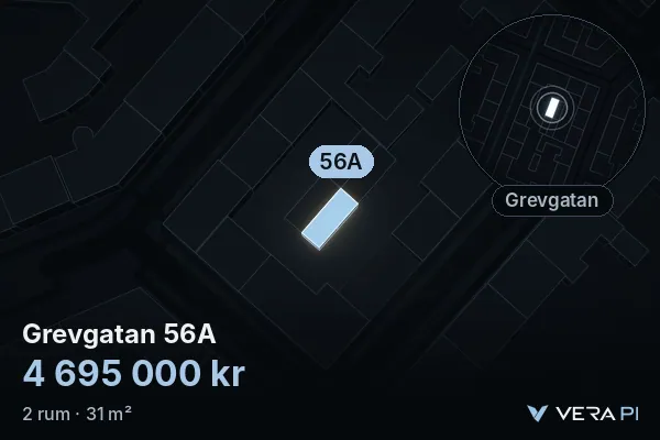VERA PI:s bild av Grevgatan 56A: huset i 3D, upplyst i blått, och kartan runt omkring