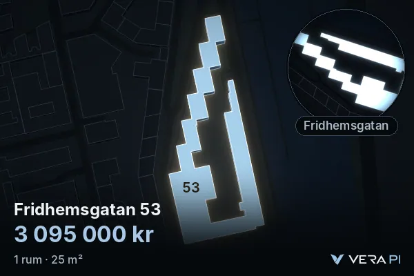 VERA PI:s bild av Fridhemsgatan 53: huset i 3D, upplyst i blått, och kartan runt omkring