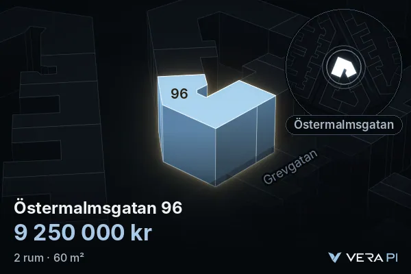 VERA PI's image of Östermalmsgatan 96: the building in 3D, lit in blue, and the map around it