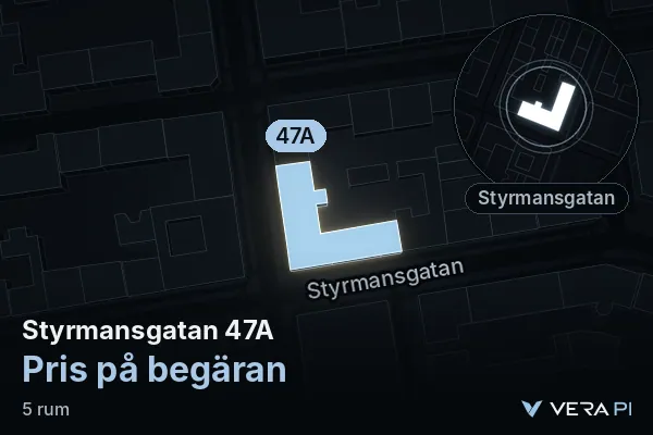 VERA PI's image of Styrmansgatan 47A: the building in 3D, lit in blue, and the map around it
