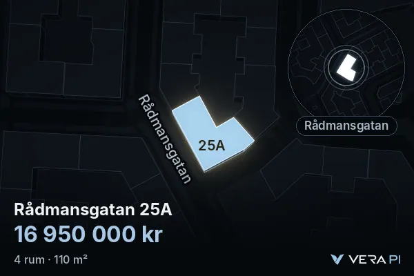 VERA PI:s bild av Rådmansgatan 25A: huset i 3D, upplyst i blått, och kartan runt omkring