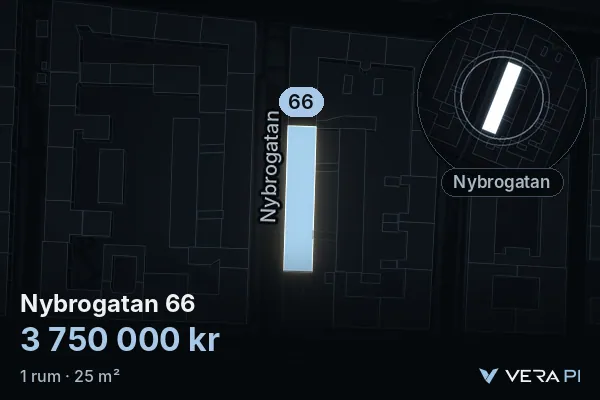 VERA PI:s bild av Nybrogatan 66: huset i 3D, upplyst i blått, och kartan runt omkring
