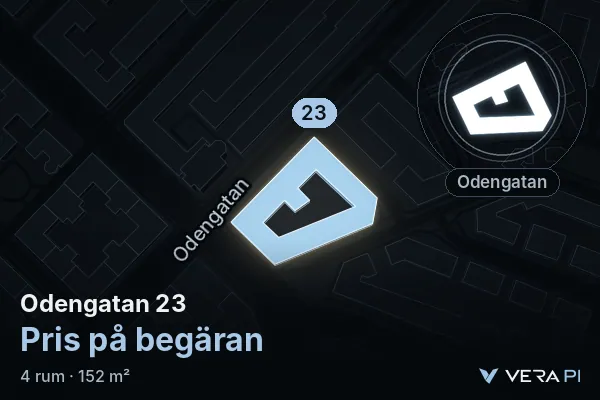 VERA PI's image of Odengatan 23: the building in 3D, lit in blue, and the map around it