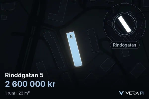 VERA PI:s bild av Rindögatan 5: huset i 3D, upplyst i blått, och kartan runt omkring