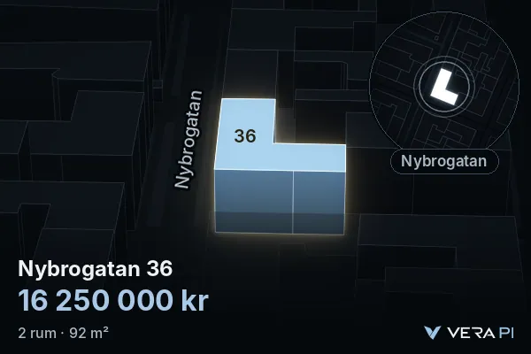 VERA PI:s bild av Nybrogatan 36: huset i 3D, upplyst i blått, och kartan runt omkring