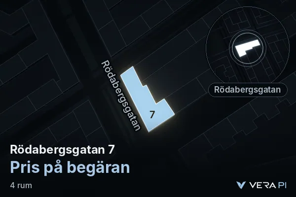 VERA PI's image of Rödabergsgatan 7: the building in 3D, lit in blue, and the map around it