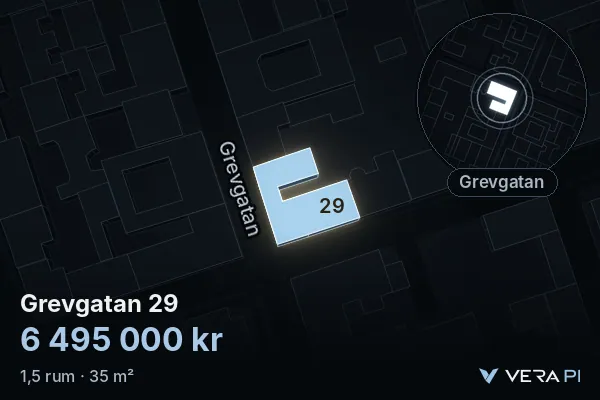 VERA PI:s bild av Grevgatan 29: huset i 3D, upplyst i blått, och kartan runt omkring