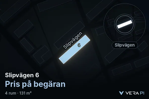 VERA PI's image of Slipvägen 6: the building in 3D, lit in blue, and the map around it